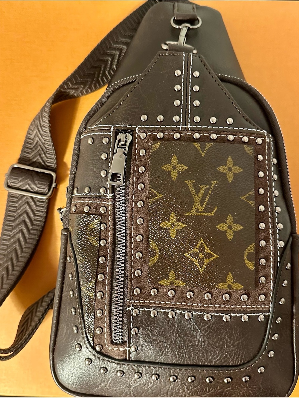 Brown Monogram Studded Sling Belt Bag Backpack . Upcycled.